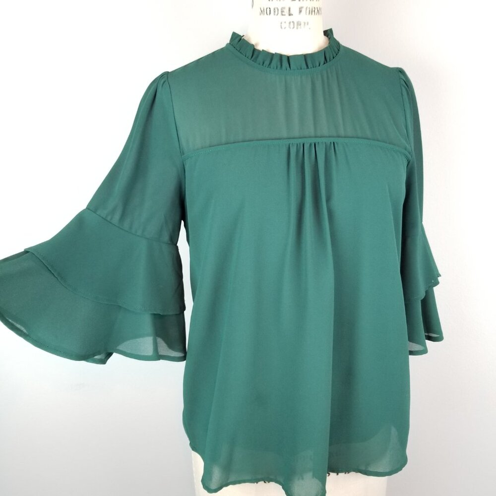 Monteau Emerald Green Chiffon Blouse 3/4 Flared Sleeve Blouse w/Ruffle * Medium